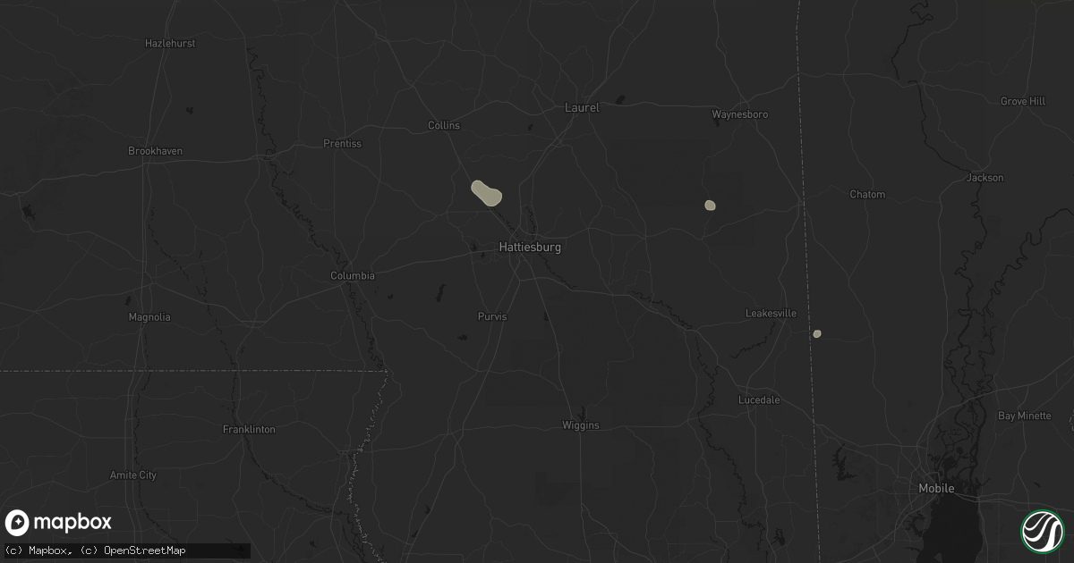 Hail map in Hattiesburg, MS on August 8, 2026