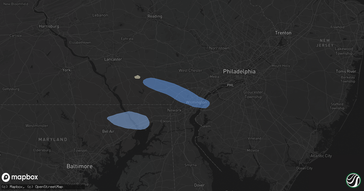 Hail map in Hockessin, DE on August 8, 2026