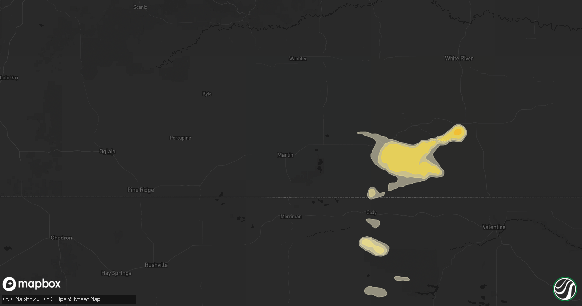 Hail map in Martin, SD on August 8, 2026