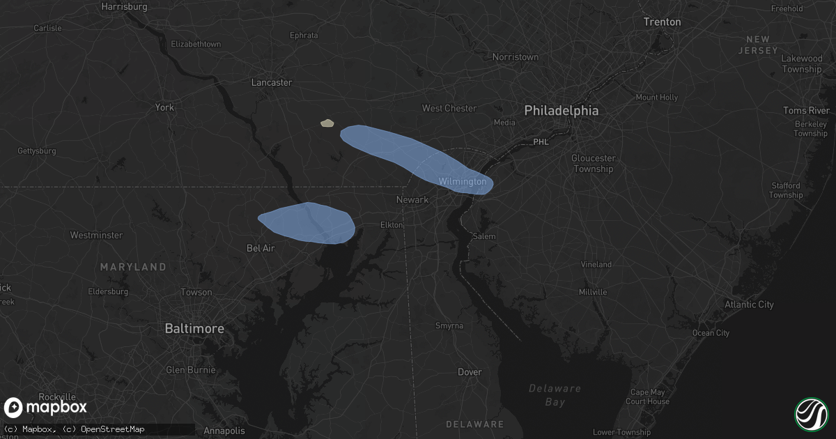 Hail map in Newark, DE on August 8, 2026