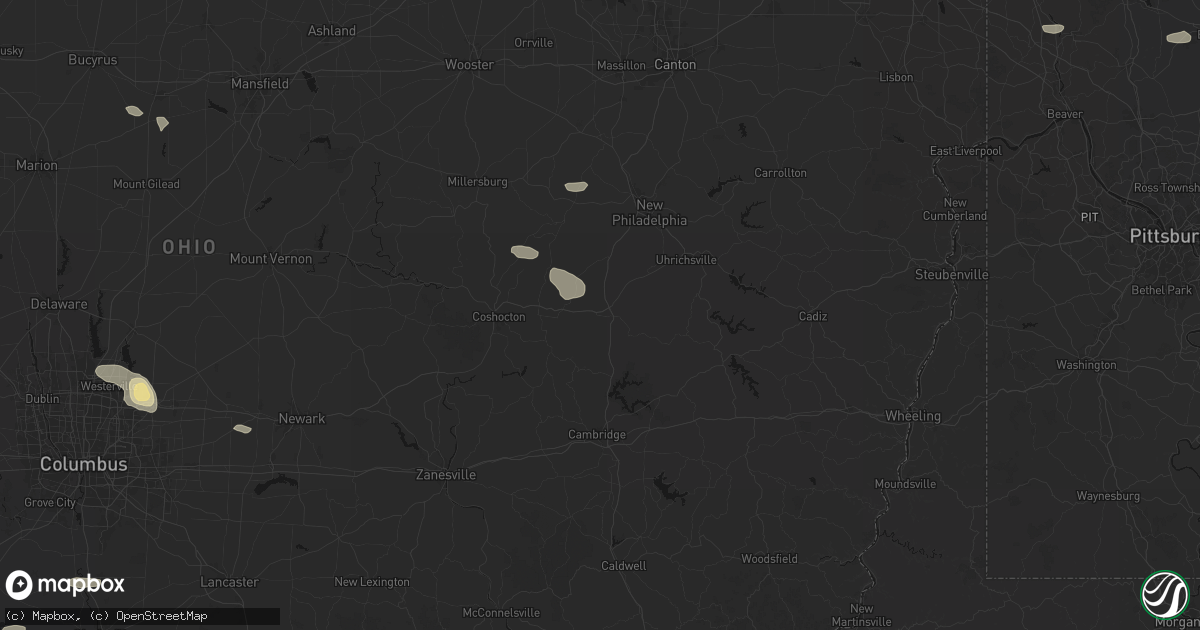 Hail map in Newcomerstown, OH on August 8, 2026