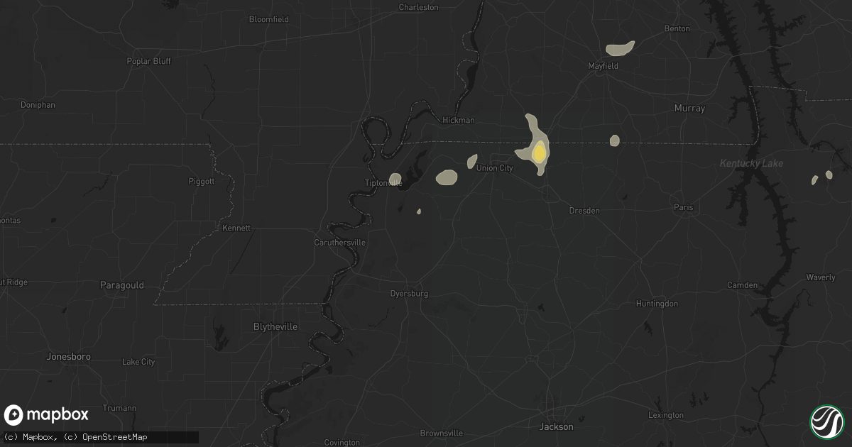 Hail map in Obion, TN on August 8, 2026