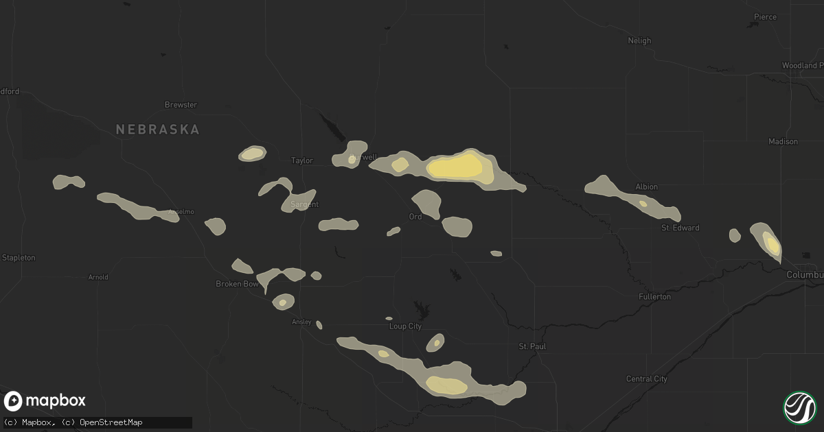 Hail map in Ord, NE on August 8, 2026