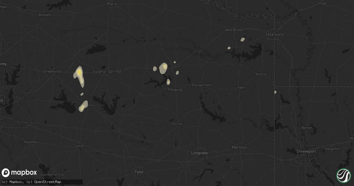 Hail map in Pittsburg, TX on August 8, 2026