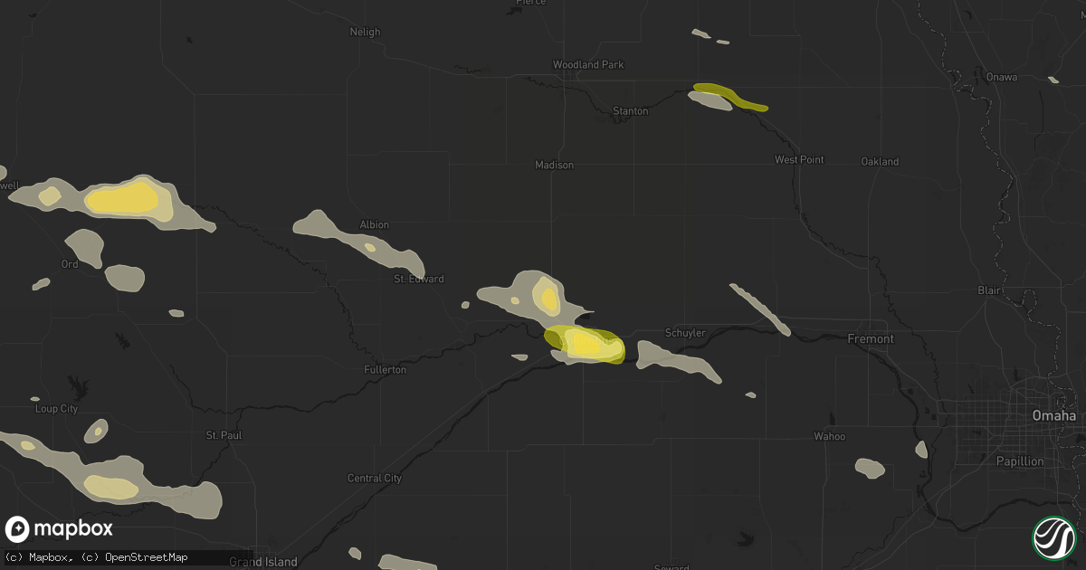 Hail map in Platte Center, NE on August 8, 2026