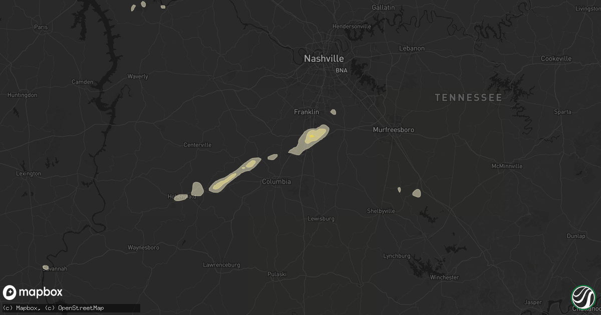 Hail map in Spring Hill, TN on August 8, 2026