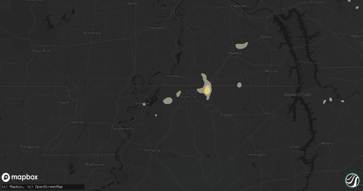 Hail map in Union City, TN on August 8, 2026