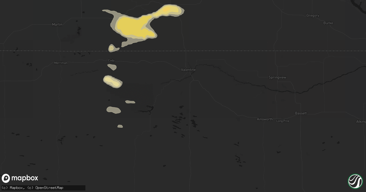 Hail map in Valentine, NE on August 8, 2026