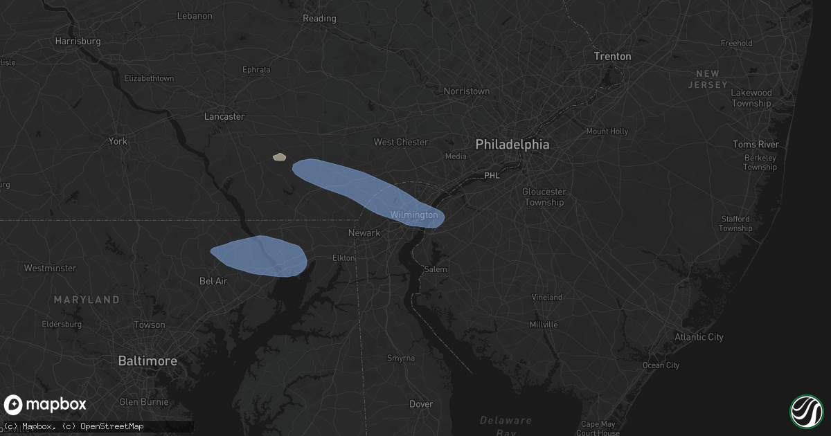 Hail map in Wilmington, DE on August 8, 2026