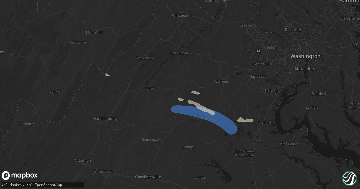 Hail map in Woodville, VA on August 8, 2026