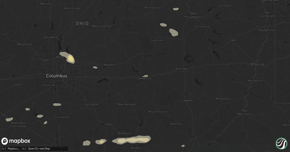 Hail map in Zanesville, OH on August 8, 2026