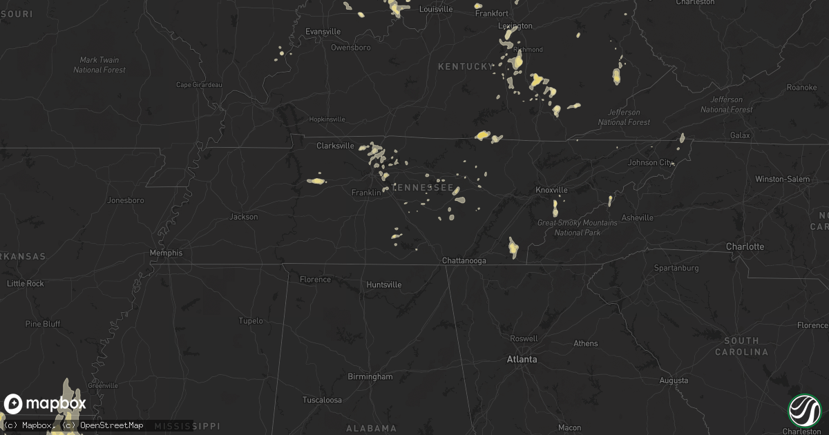 Hail map in Tennessee on August 9, 2012