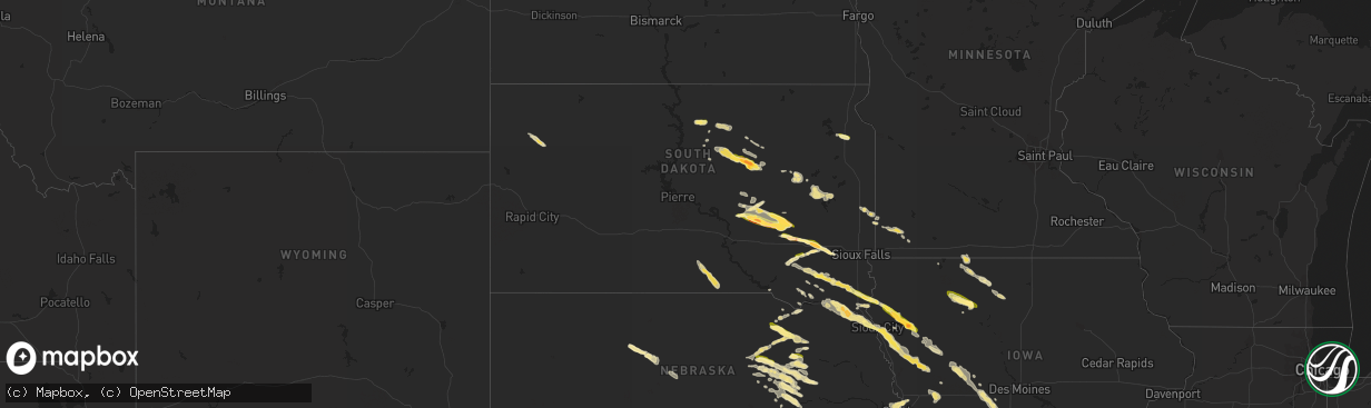 Hail map in South Dakota on August 9, 2015