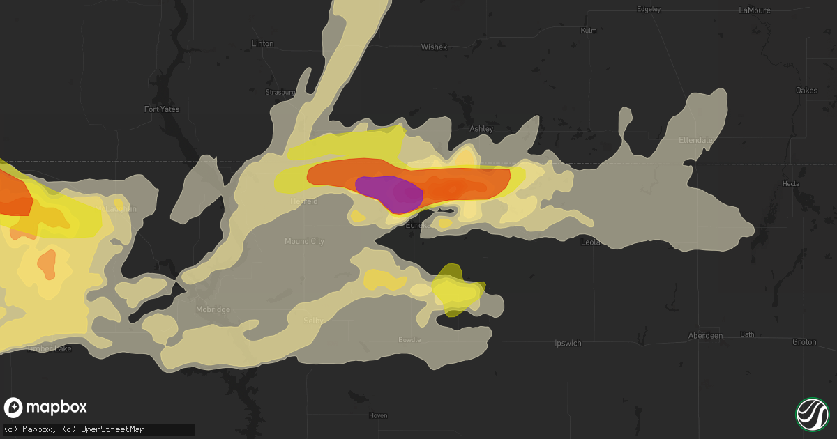 Hail map in Eureka, SD on August 9, 2016
