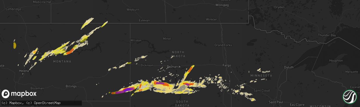 Hail map in North Dakota on August 9, 2016