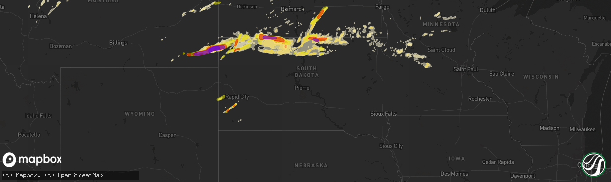 Hail map in South Dakota on August 9, 2016