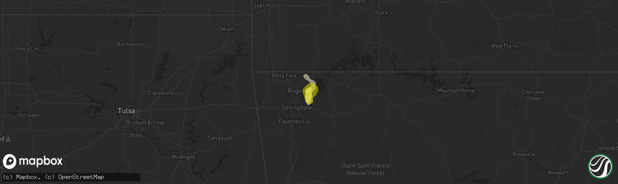 Hail map in Rogers, AR on August 9, 2018