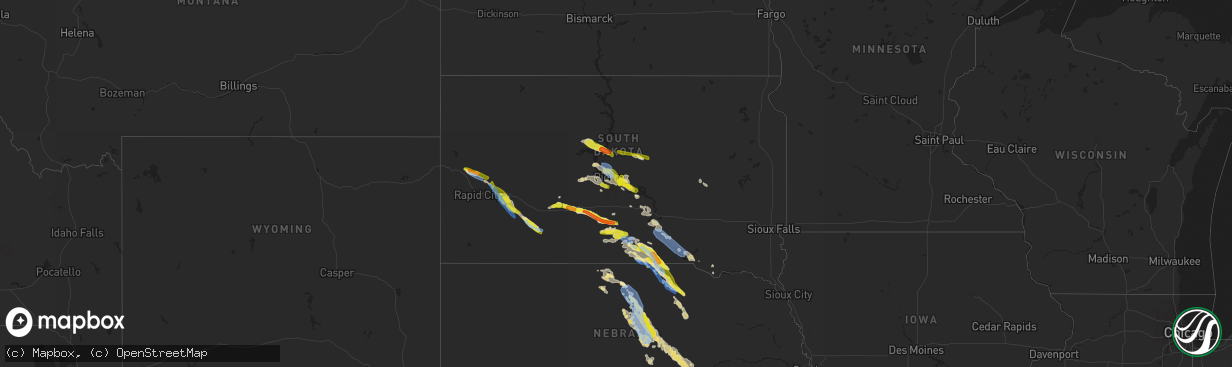 Hail map in South Dakota on August 9, 2019