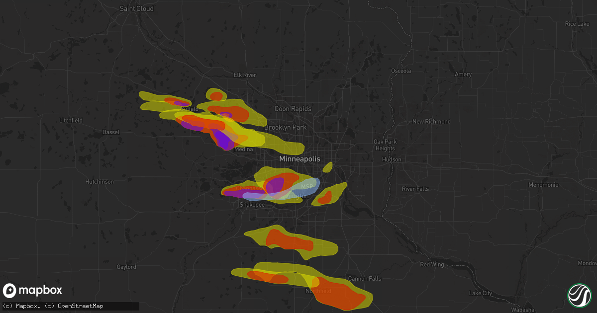 Hail map in Minneapolis, MN on August 9, 2020