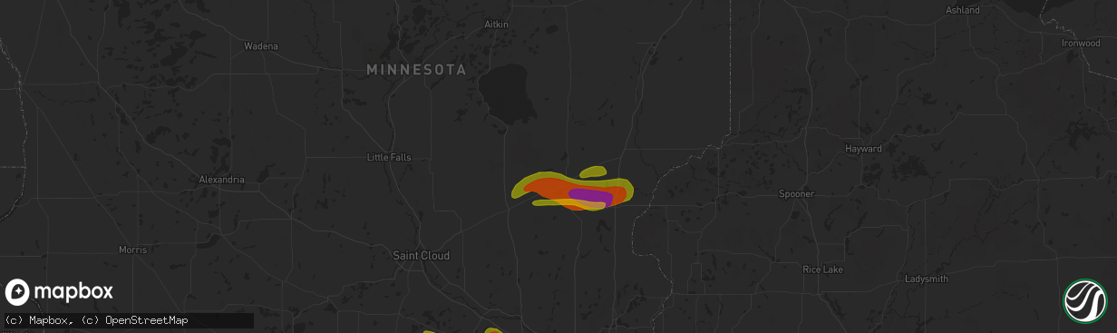 Hail map in Mora, MN on August 9, 2020