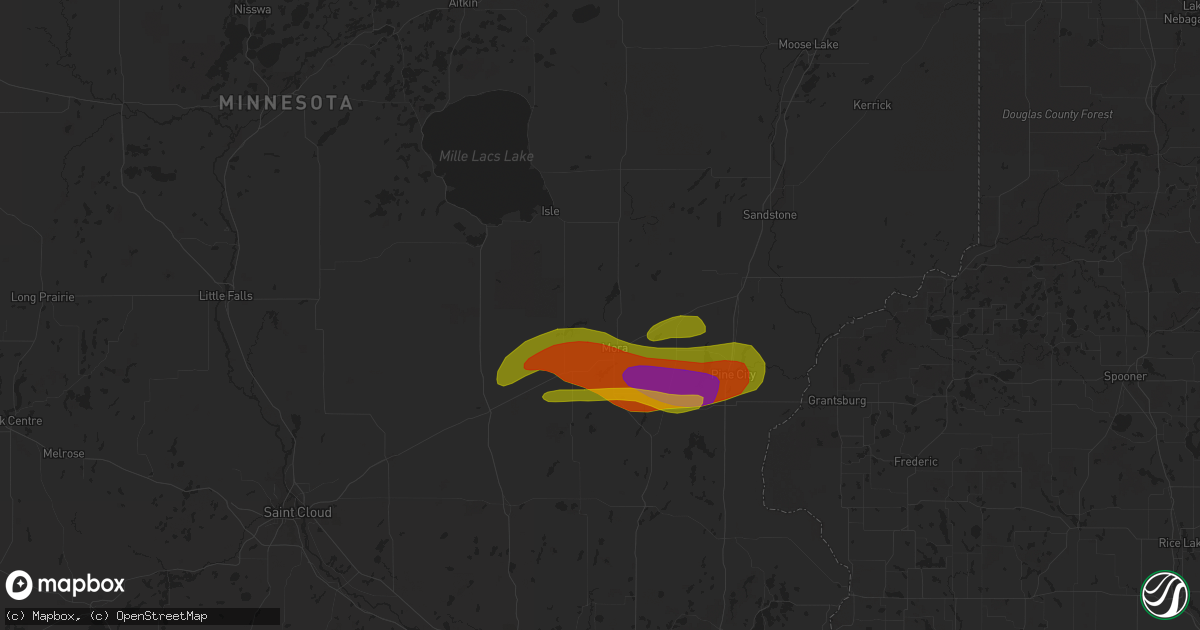 Hail map in Mora, MN on August 9, 2020