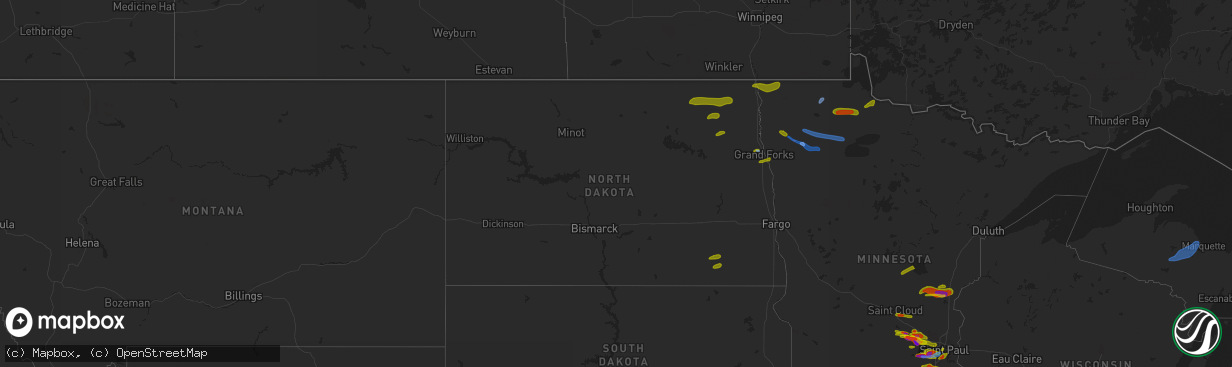 Hail map in North Dakota on August 9, 2020