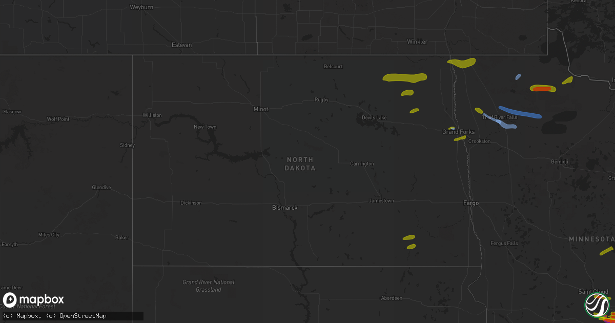 Hail map in North Dakota on August 9, 2020