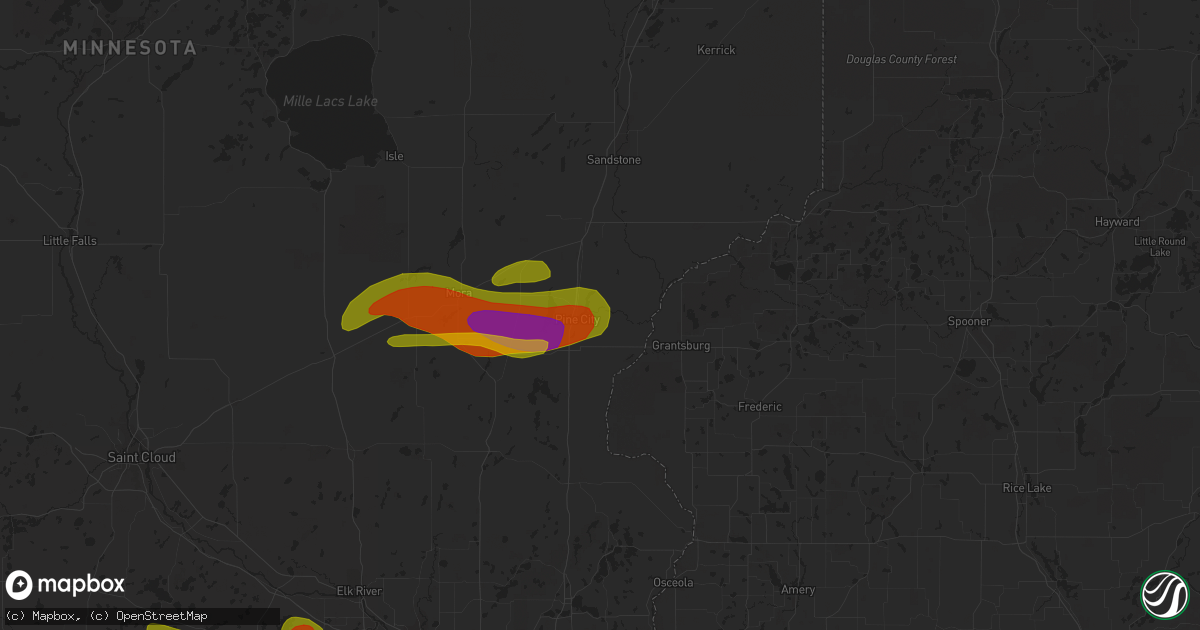 Hail map in Pine City, MN on August 9, 2020