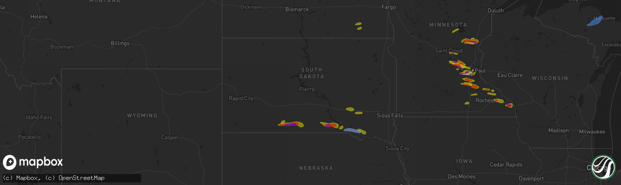 Hail map in South Dakota on August 9, 2020