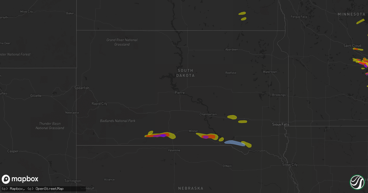 Hail map in South Dakota on August 9, 2020