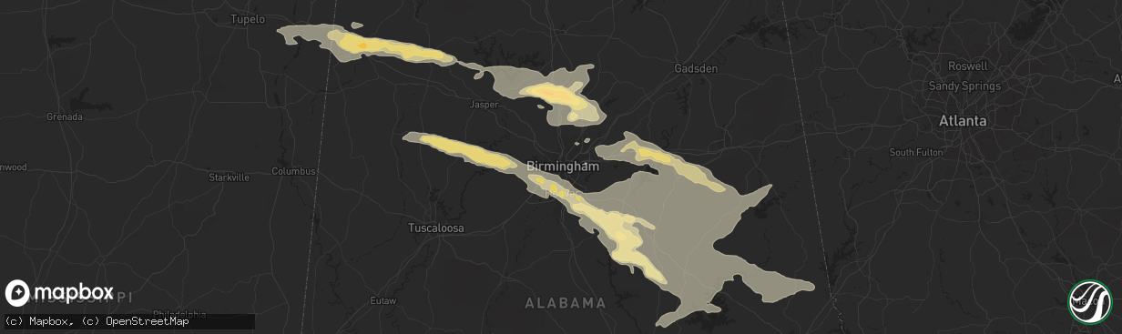Hail map in Birmingham, AL on August 9, 2023