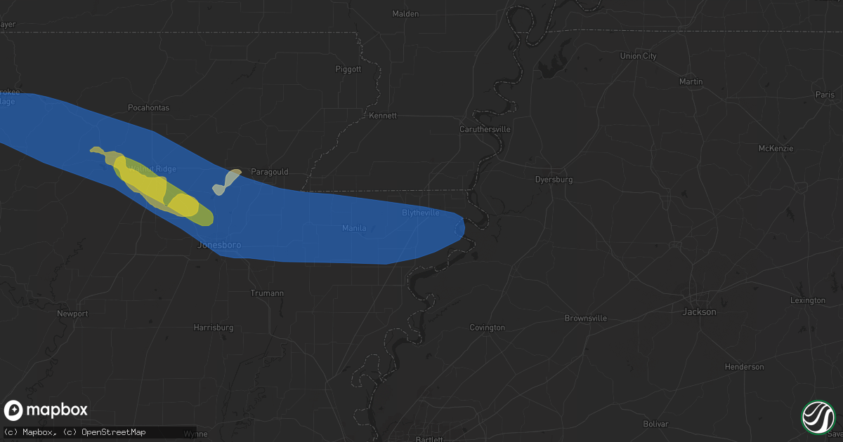 Hail map in Blytheville, AR on August 9, 2023