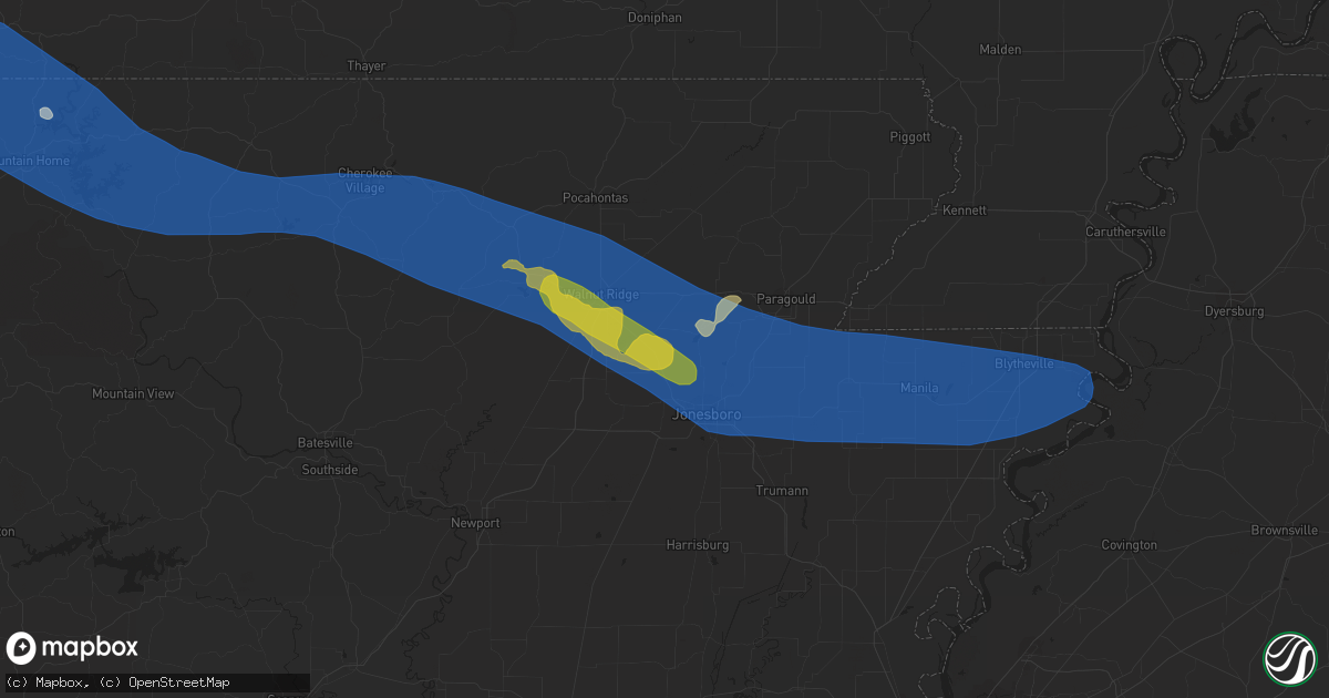 Hail map in Bono, AR on August 9, 2023