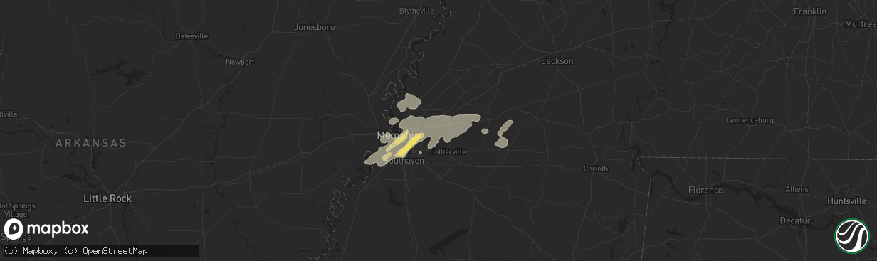 Hail map in Collierville, TN on August 9, 2023