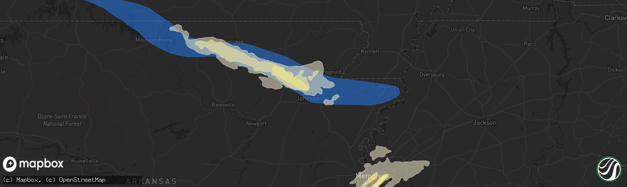 Hail map in Jonesboro, AR on August 9, 2023