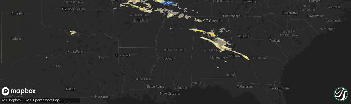 Hail map in Mississippi on August 9, 2023