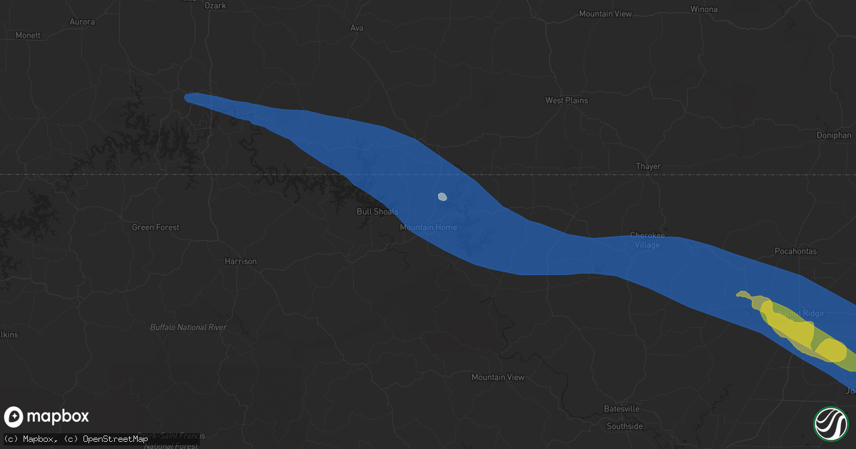 Hail map in Mountain Home, AR on August 9, 2023