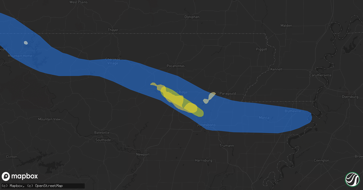 Hail map in Walnut Ridge, AR on August 9, 2023