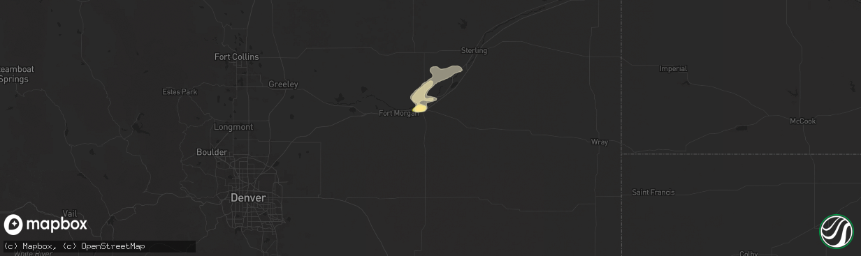 Hail map in Brush, CO on August 9, 2025