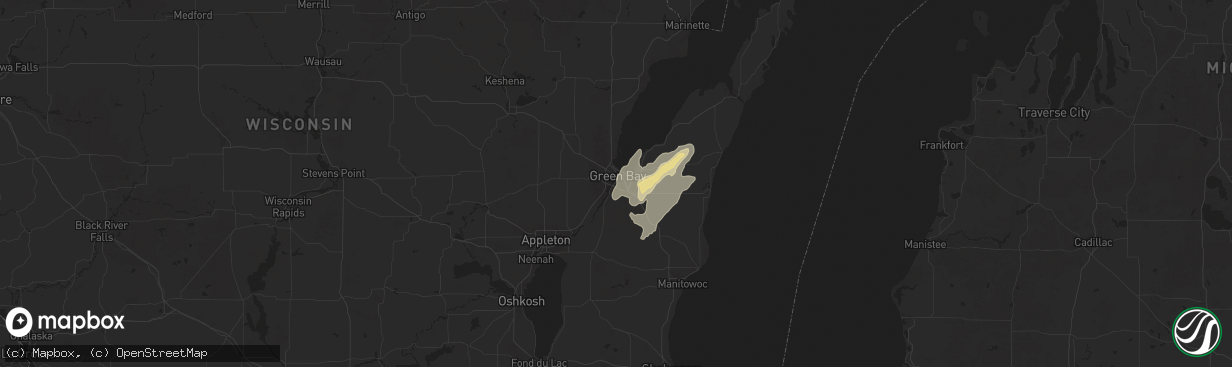 Hail map in Green Bay, WI on August 9, 2025