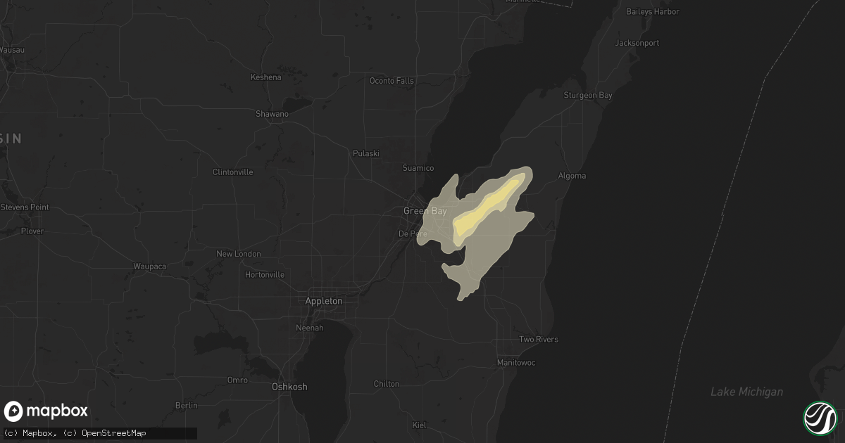 Hail map in Green Bay, WI on August 9, 2025