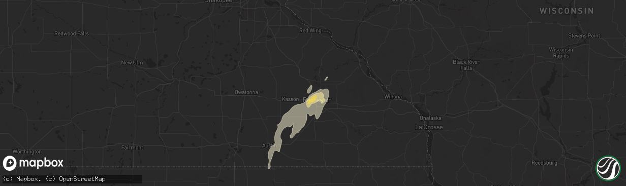 Hail map in Rochester, MN on August 9, 2025