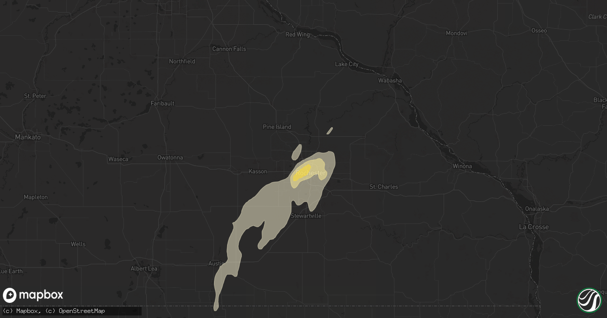 Hail map in Rochester, MN on August 9, 2025