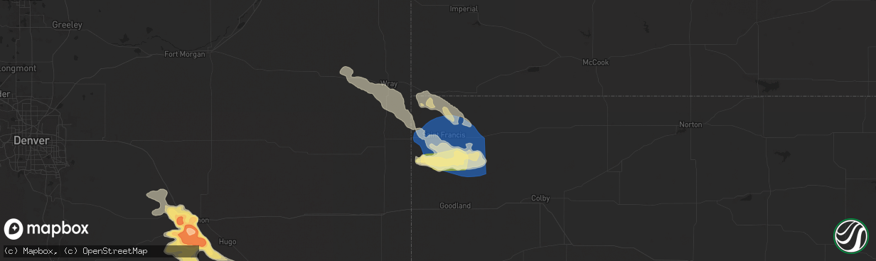 Hail map in Saint Francis, KS on August 9, 2025