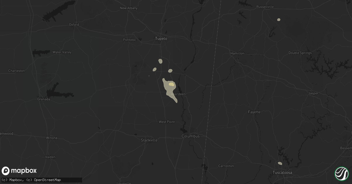 Hail map in Aberdeen, MS on August 9, 2026
