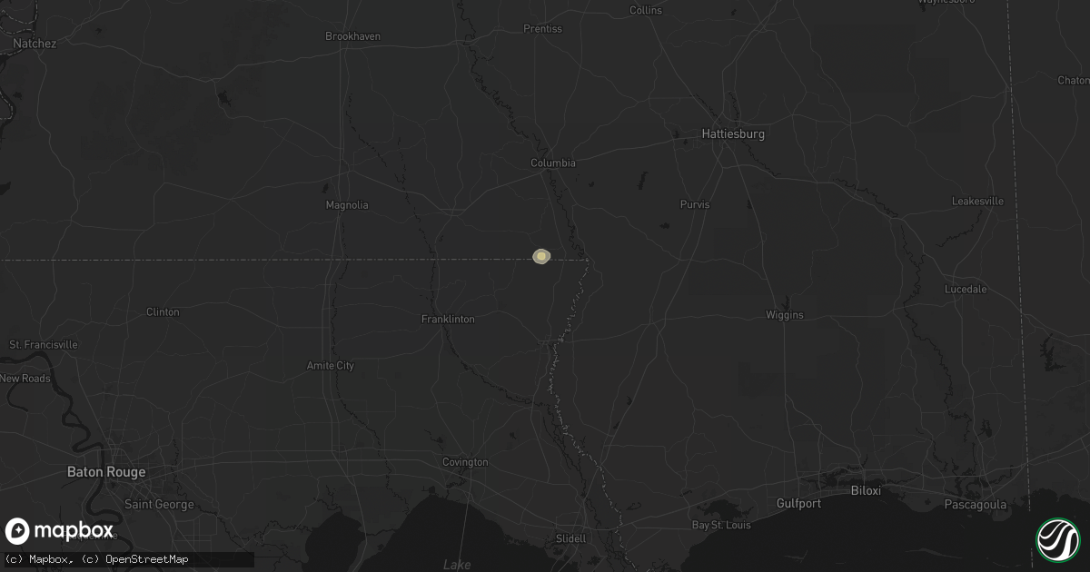 Hail map in Angie, LA on August 9, 2026