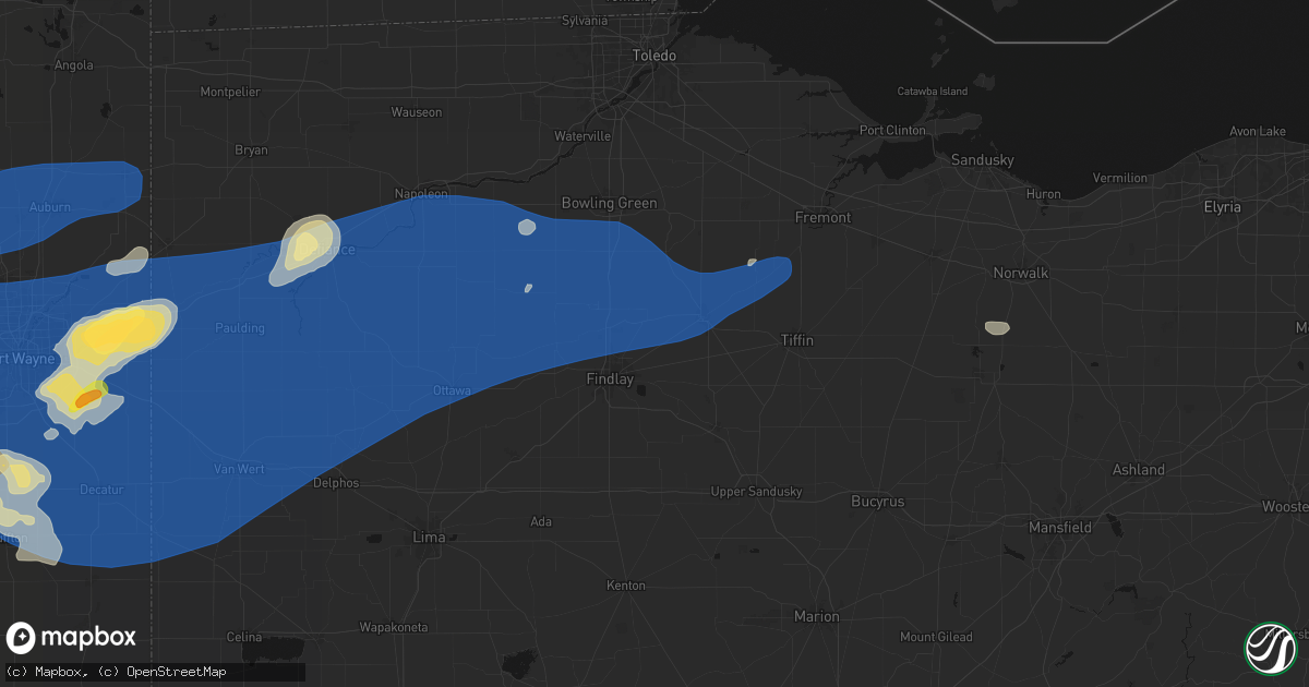 Hail map in Arcadia, OH on August 9, 2026