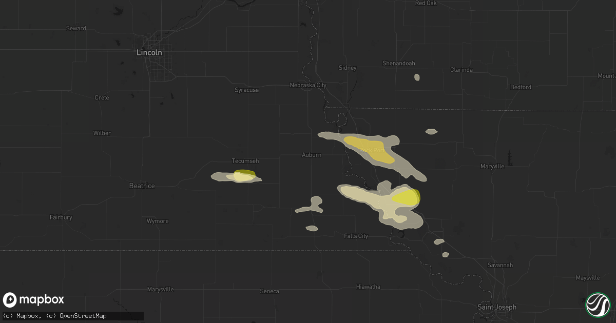 Hail map in Auburn, NE on August 9, 2026