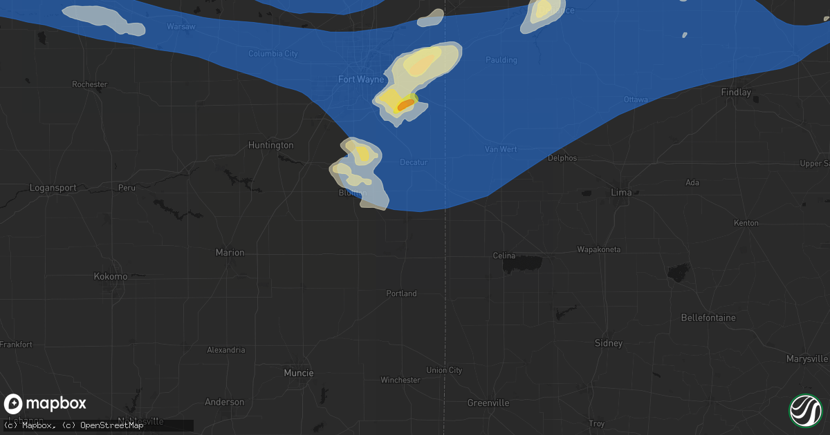 Hail map in Berne, IN on August 9, 2026
