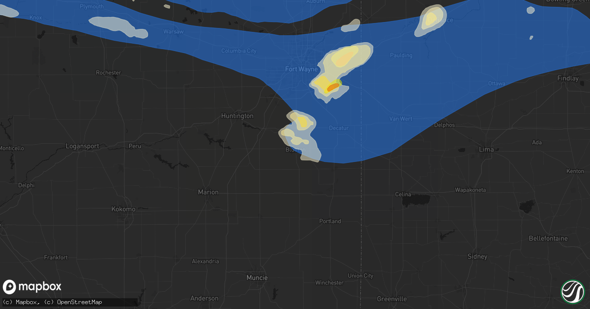 Hail map in Bluffton, IN on August 9, 2026